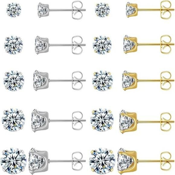 Stud earrings set gold silver hypoallergenic zirconia waterproof 10 pairs - Picture 7 of 7